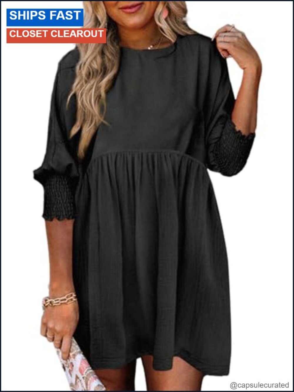 Womens Babydoll Mini Dress 3/4 Sleeve High Waist Tiered Ruffle Hem